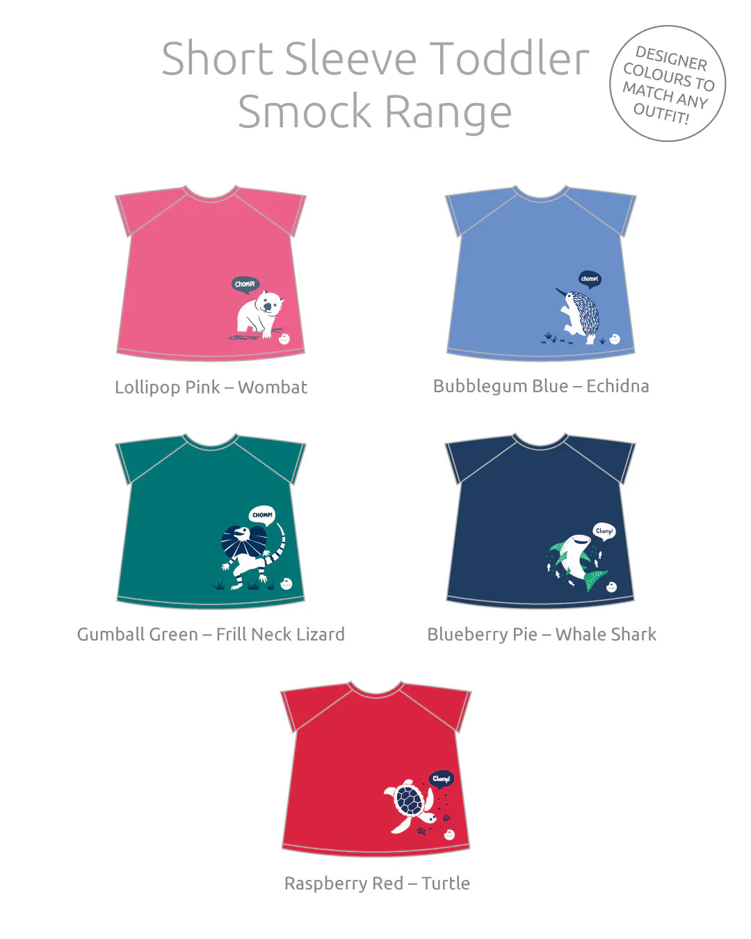 Short Sleeve Messy Mealtime (Toddler) Smock Bib: 8mths to 4yrs - various colours