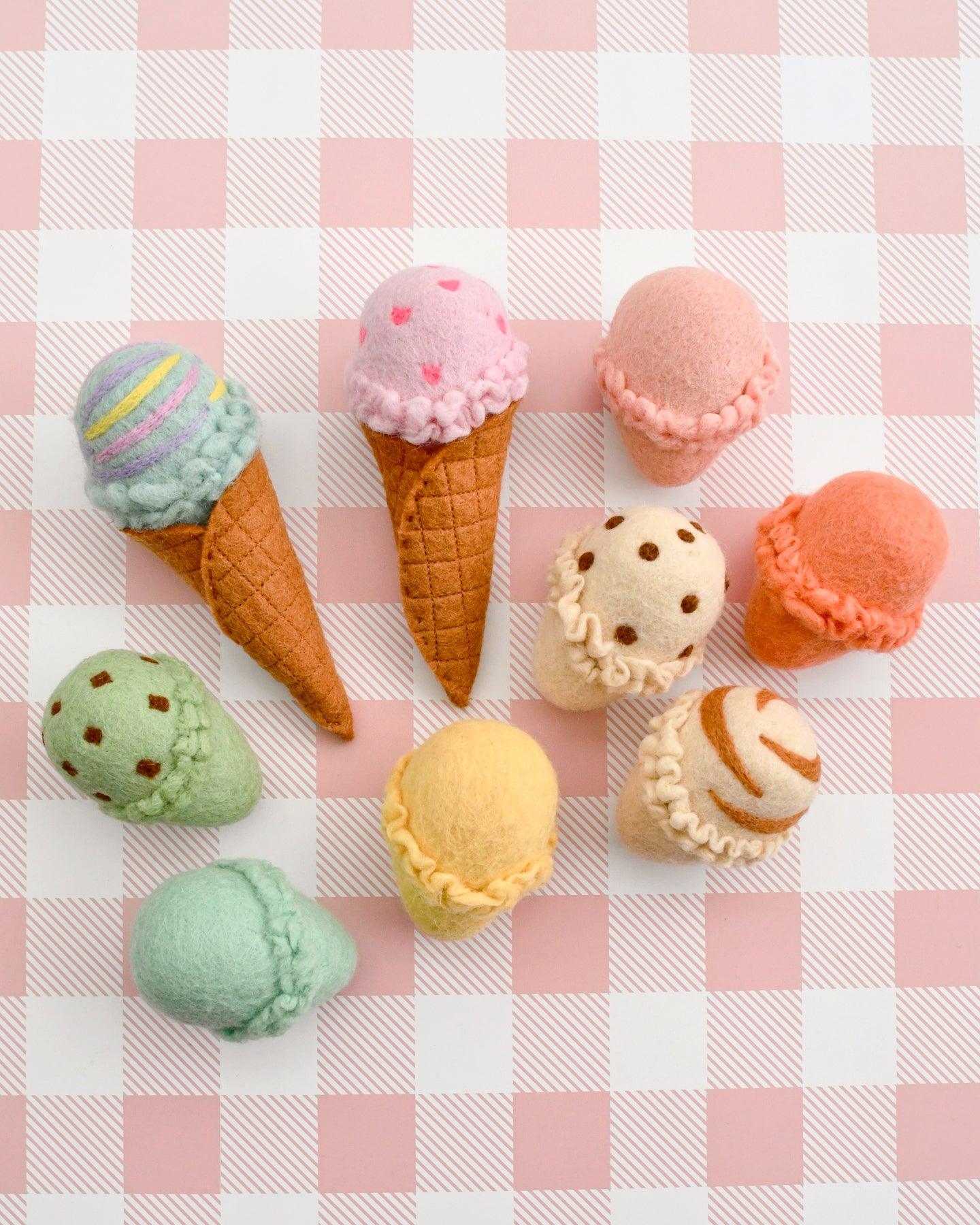 Felt Ice Cream Set - Waffle Cones And 9 Ice Cream Scoops
