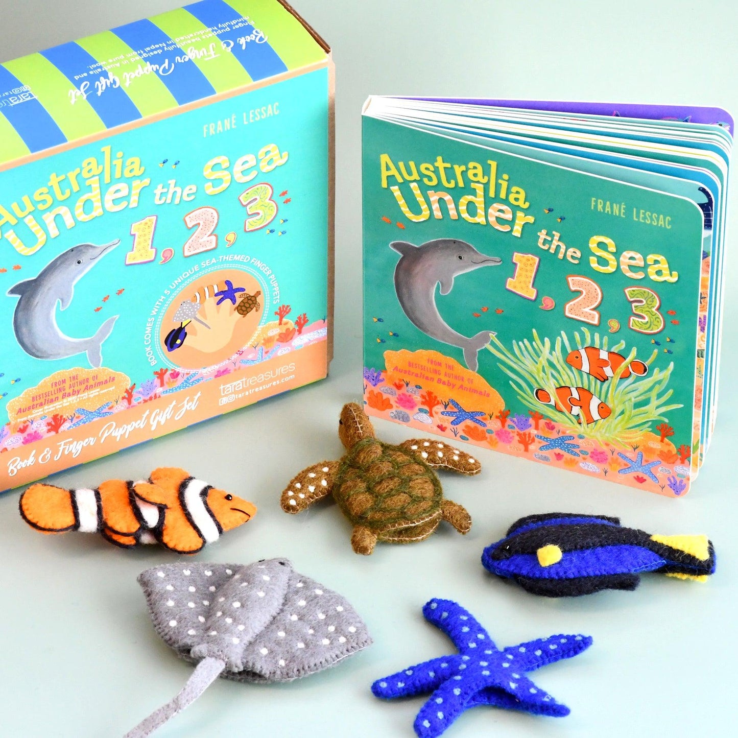 Australia Under The Sea 1, 2, 3 By Frané Lessac - Book And Finger Puppet Set